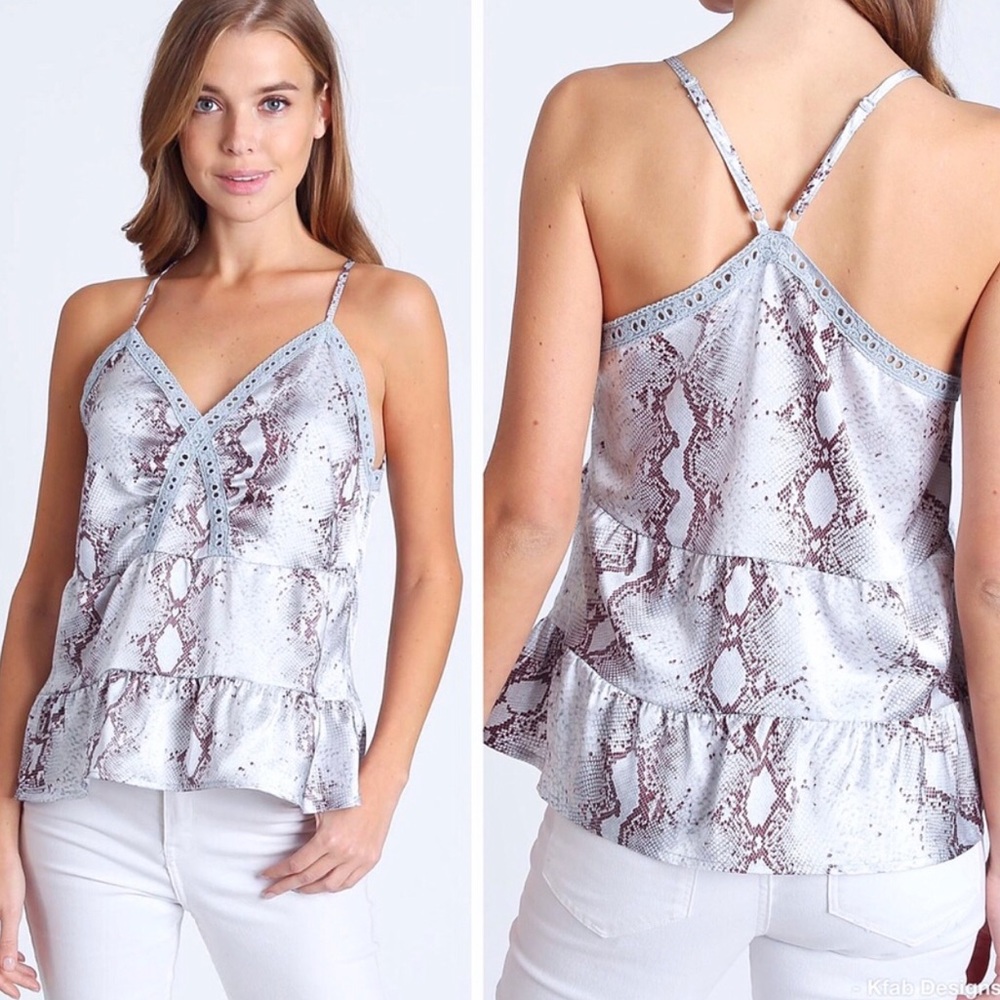 Lace trim snakeskin ruffle cami size large